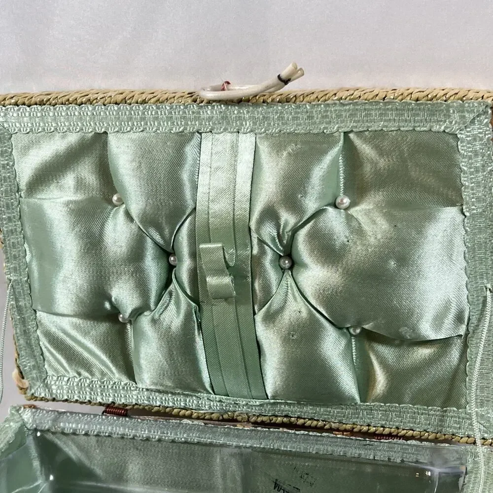 Vintage Woven Straw Wicker Sewing Basket Box Handle Satin Lining Rectangle